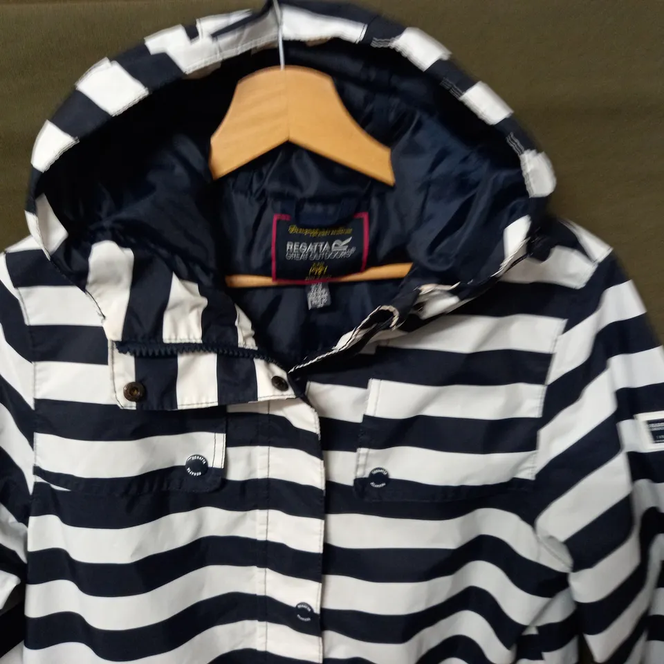 REGATTA OUTDOORS BLACK/WHITE STRIPED HOODED COAT - UK 12