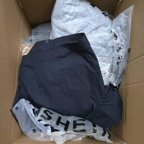 LARGE BOX OF ASSORTED CLOTHING ITEMS IN VARIOUS STYLES, SIZES AND COLOURS