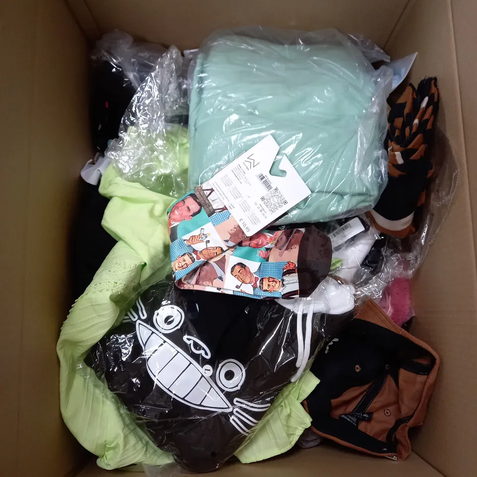 LARGE BOX OF ASSORTED CLOTHING ITEMS IN VARIOUS COLOURS AND SIZES INCLUDING TROUSERS , TOPS AND JUMPERS 