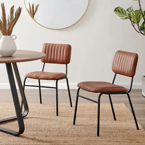 BOXED DORSEY TAN UPHOLSTERED FAUX LEATHER DINING CHAIRS - MODERN MID CENTURY INDUSTRIAL STYLE