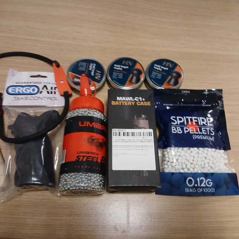 AIRGUN/BB GUN ACCESSORIES LOT: SPITFIRE BB PELLETS 0.12G (1000) + MAWL-G1+ BATTERY CASE + ERGO AIR TAKE CONTROL + ASSORTED PARTS