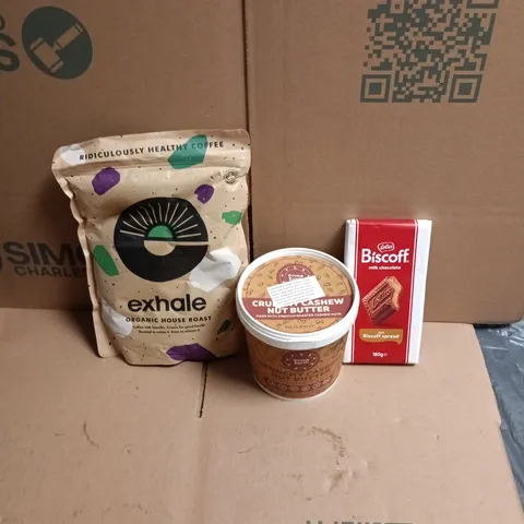 APPROXIMATELY 12 ASSORTED FOOD AND DRINKS ITEMS TO INCLUDE - BISCOFF CHOCOLATE BAR, 1KG TUB CASHEW NUT BUTTER, EXHALE ORGANIC HOUSE ROAST ETC 