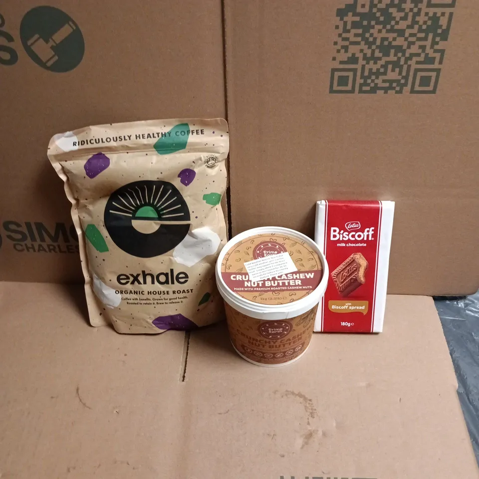 APPROXIMATELY 12 ASSORTED FOOD AND DRINKS ITEMS TO INCLUDE - BISCOFF CHOCOLATE BAR, 1KG TUB CASHEW NUT BUTTER, EXHALE ORGANIC HOUSE ROAST ETC 