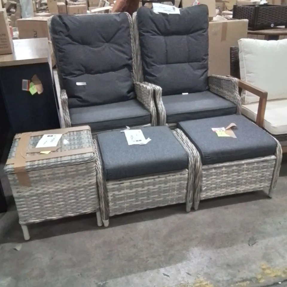 OUTDOOR RECLINE WICKER CHAIRS AND FOOTSTOOL WITH TABLE SET OF 5