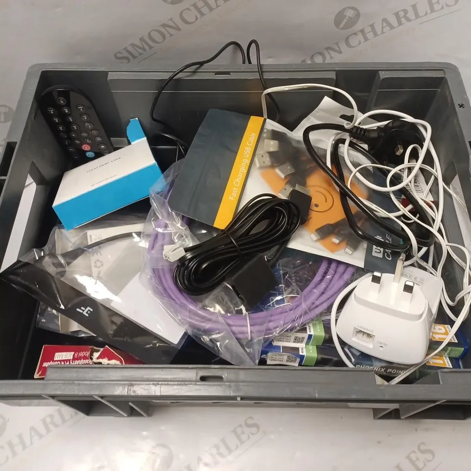 BOX OF ASSORTED ELECTRICALS & ELECTRICAL CABLES OF VARIOUS TYPES TO INCLUDE ADSL CABLE, SKY Q REMOTES, PHOENIX POINT BEHEMOTH EDITION (PS4), ETC