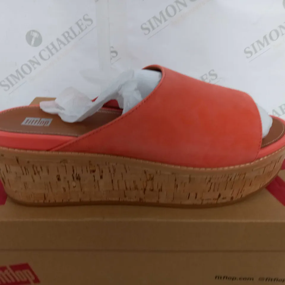 BOXED PAIR OF FITFLOP ELOISE CORK-WRAP SUEDE WEDGE SLIDES - SUNSHINE CORAL - UK 9