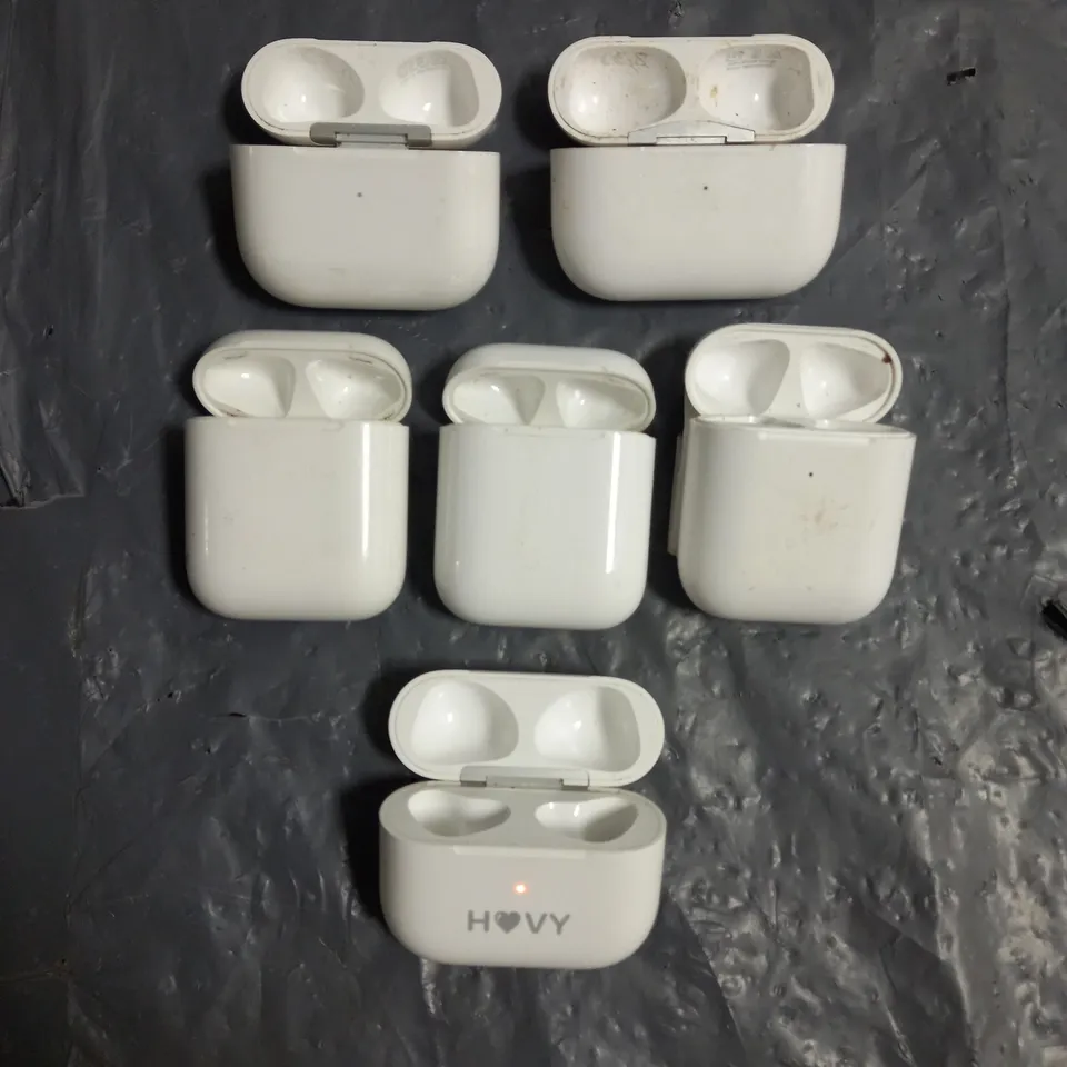 LOT OF 6 ASSORTED EMPTY APPLE AIRPODS CHARGING CASES TO INCLUDE A1602 1ST GEN, A2566 3RD GEN AND A2190 PRO IN WHITE