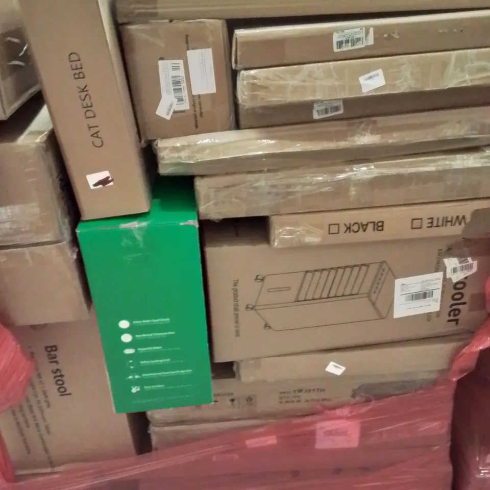 PALLET CONTAINING VARIOUS ASSORTED BOXED HOUSEHOLD ITEMS TO INCLUDE: AIR COOLER, CAT DESK BED, CAMPING CHAIR, VAX VACUUM AND LOTS MORE UNMARKED BOXED ITEMS 