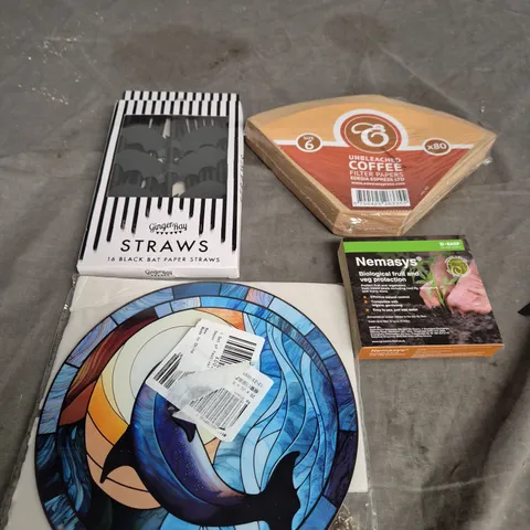 APPROXIMATELY 15 ASSORTED HOUSEHOLD ITEMS TO INCLUDE PAPER STRAWS, COFFEE FILTER PAPER AND NEMASYS FRUIT AND VEG PROTECTION
