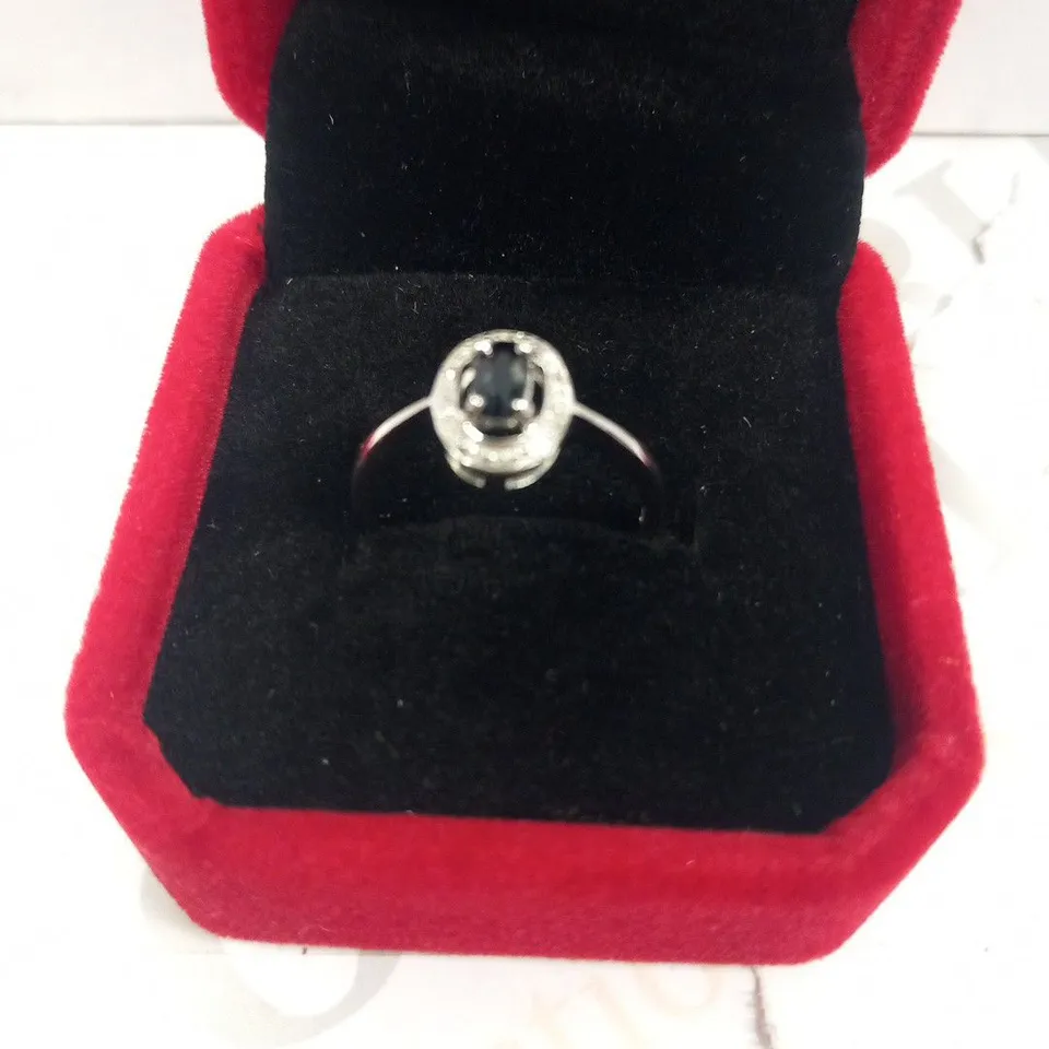 9CT WHITE GOLD SAPPHIRE AND DIAMOND HALO RING