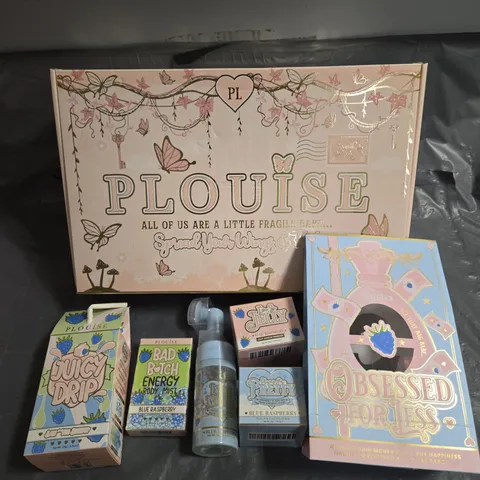 BOX OF 5 ASSORTED PLOUISE COSMETICS TO INCLUDE - PLUMP ME PRETTY BLUE RASPBERRY PLUMPING MOISTURISER - IN LOVE WITH ME BLUE RASPBERRY FOAMING FACIAL CLEANSER - JUICY DRIP BLUE RASPBERRY LIP DUO - ETC