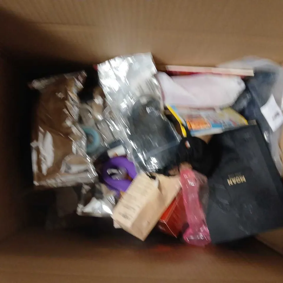 box of approx 10 assorted adult accessories to include butt plugs, cock rings and magazines