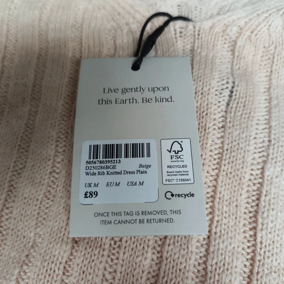 NOBODY'S CHILD BEIGE WIDE RIB KNITTED DRESS, UK M (WOMEN'S CLOTHING) – TAG READS 'LIVE GENTLY UPON THIS EARTH. BE KIND.'