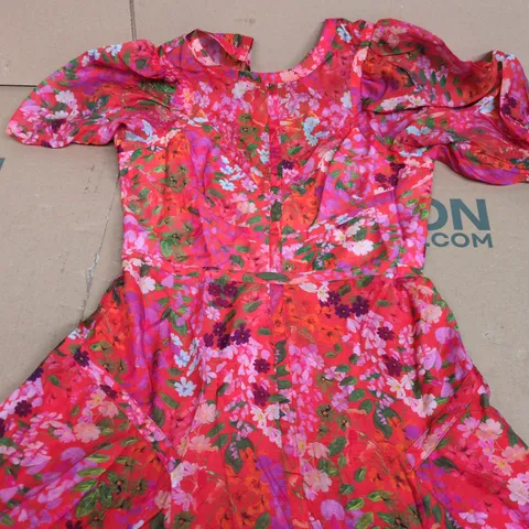 TED BAKER LONDON RED FLORAL DRESS WITH PUFF SLEEVES SIZE 2