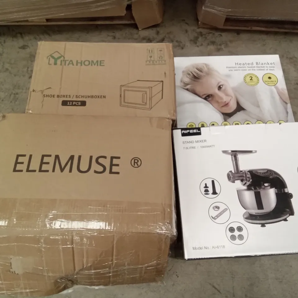 PALLET OF ASSORTED ITEMS INCLUDING ELEMUSE MATTRESS TOPPER, AIFEEL STAND MIXER, HEATED BLANKET, LYITA HOME SHOE BOXES, PORTABLE WARDROBE, MONHOUSE HEATED THROW