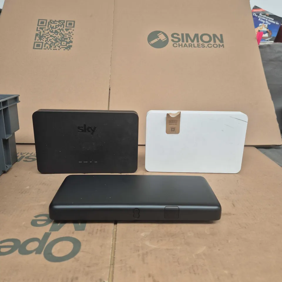TOTE OF APPROXIMATELY 5 ASSORTED ITEMS INCLUDING SKY WIFI ROUTER, EE WIFI ROUTER AND EE TV REMOTE