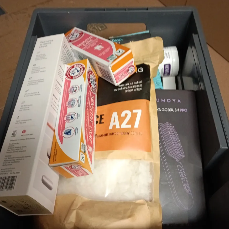 APPROXIMATELY 15  ASSORTED COSMETIC ITEMS INCLUDING NUMOYA GOBRUSH PRO , ARM & HAMMER SENSITIVE CARE TOOTHBRUSH AND MUSEUM WAX 