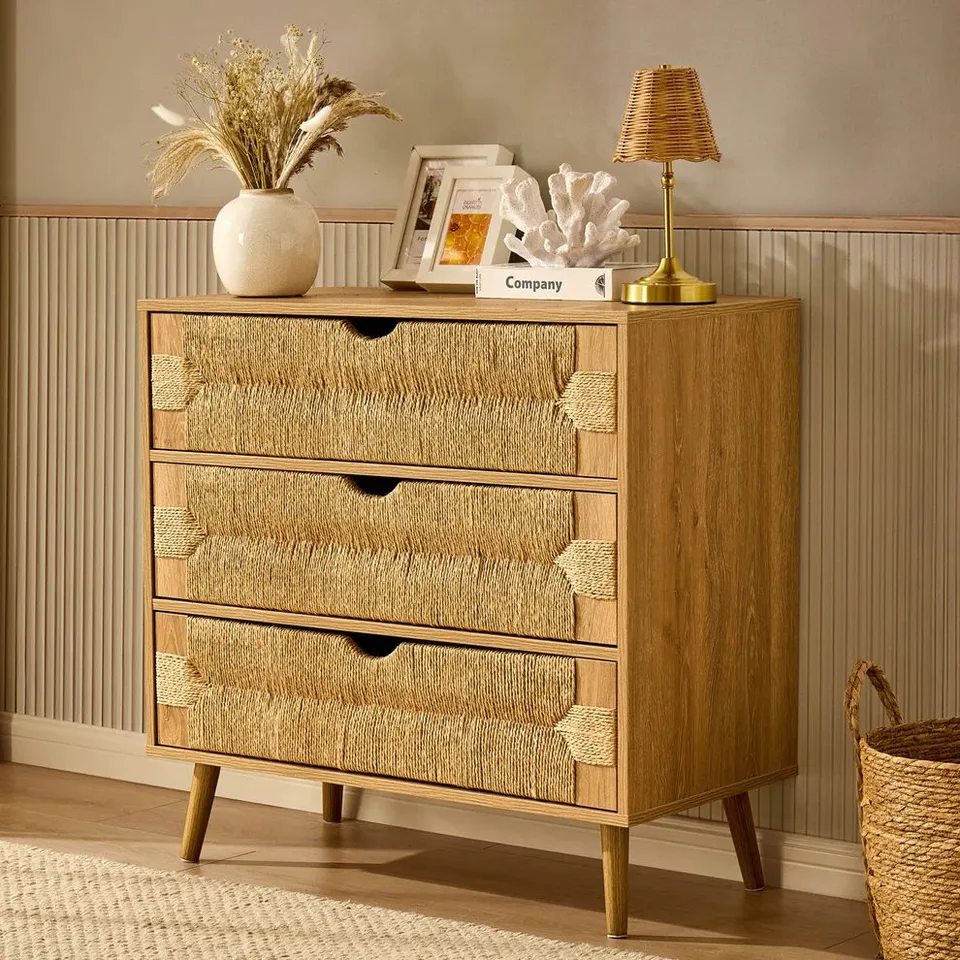 BOXED DUSK LOTTIE WOVEN 3 DRAWER CHEST - LIGHT WOOD (1 BOX)