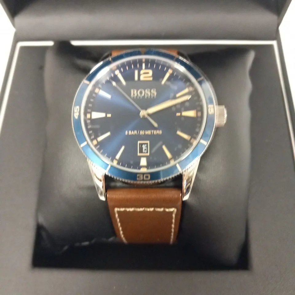 BOXED HUGO BOSS GENTS BOSS DRIFTER BROWN LEATHER WRIST WATCH