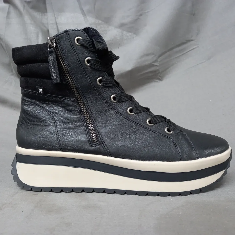 BOXED PAIR OF RIEKER HIGH TOP TRAINERS IN BLACK SIZE 6.5