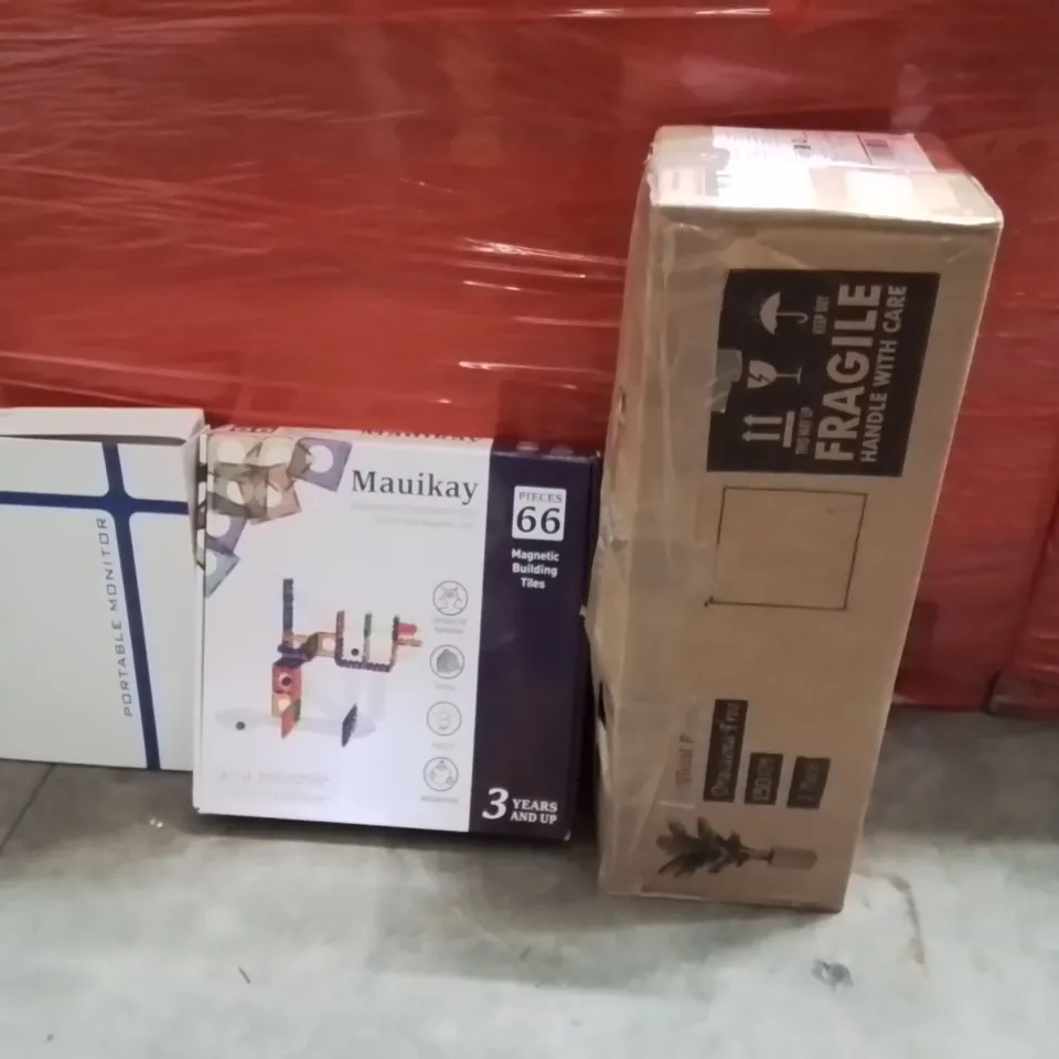 PALLET OF ASSORTED HOUSEHOLD GOODS AND PRODUCTS TO INCLUDE;ARTIFICIAL TREE,PORTABLE MONITOR,DEVELOPMENT TOY FOR KIDS