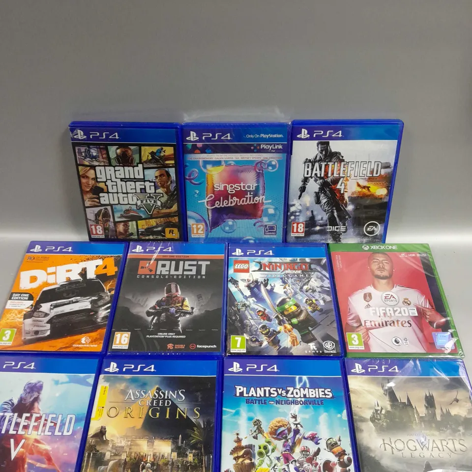 APPROXIMATELY 10 ASSORTED VIDEOS GAMES TO INCLUDE BATTLEFIELD 4, DIRT 4, HOGWARTS LEGACY ETC 