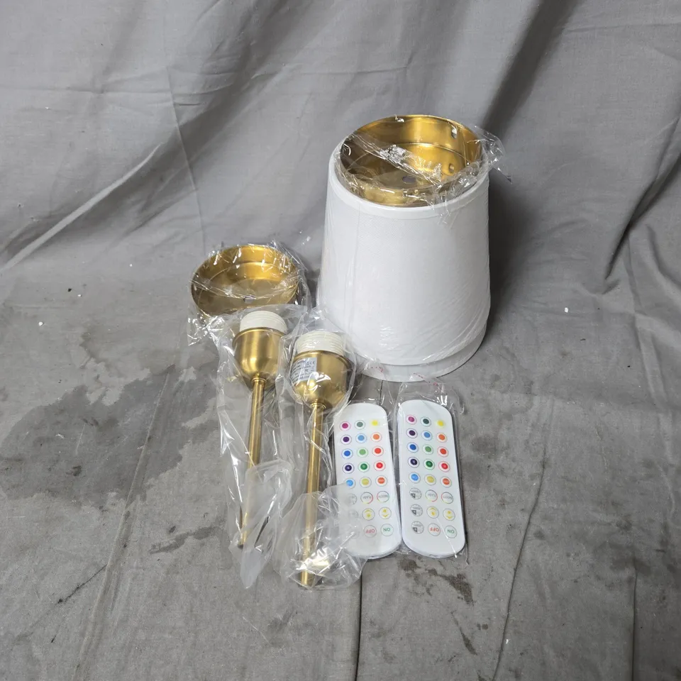 2 X GOLD FINISH CEILING LIGHT KIT WITH WHITE LAMPSHADE AND REMOTE CONTROLS