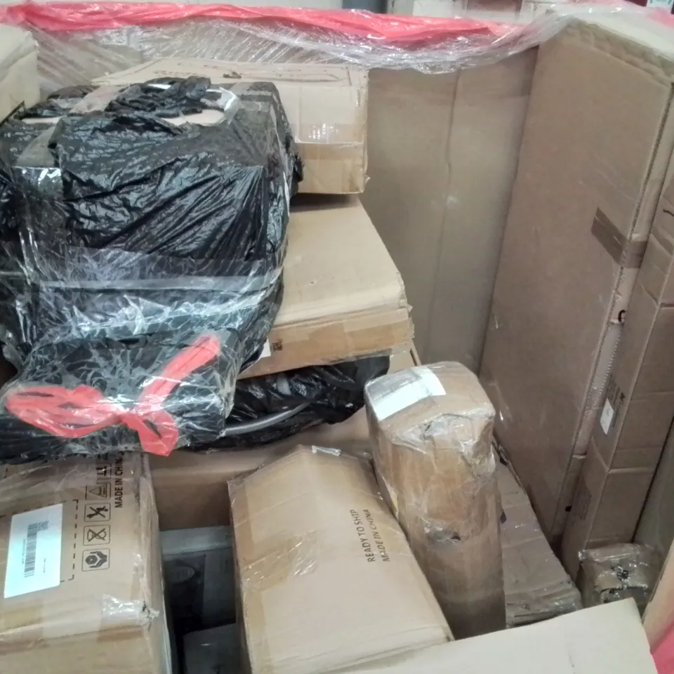 PALLET OF ASSORTED ITEMS TO INCLUDE: OFFICE CHAIR, LED MONITOR, ANGEL HORN AUDIO TURNTABLE, KIDS SLIDE, WATER MOP SPRAY ECT
