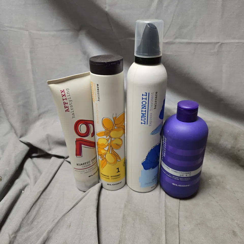 APPROXIMATELY 20 ASSORTED ELGON COSMETICS ITEMS TO INCLUDE SILVER CONDITIONER, AFFIX ELASTIC CURLS, SHAMPOO SUPREMO, ETC - COLLECTION ONLY