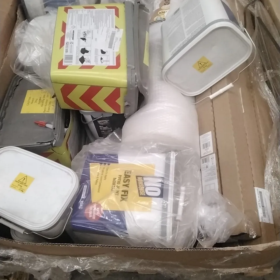PALLET OF ASSORTED DIY, HOME IMPROVEMENT AND BUILDING PRODUCTS TO INCLUDE; PATIO JOINT MORTAR, MORTAR REPAIR CEMENT, WALL PANELLING ETC