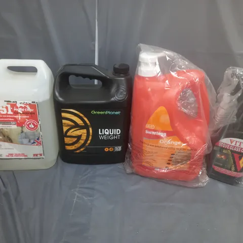 TOTE OF 4 ASSORTED HOUSEHOLD GOODS TO INCLUDE MCS1, LIQUID WEIGHT, SWARFEGA ORANGE, AND STOVE GLASS CLEANER 