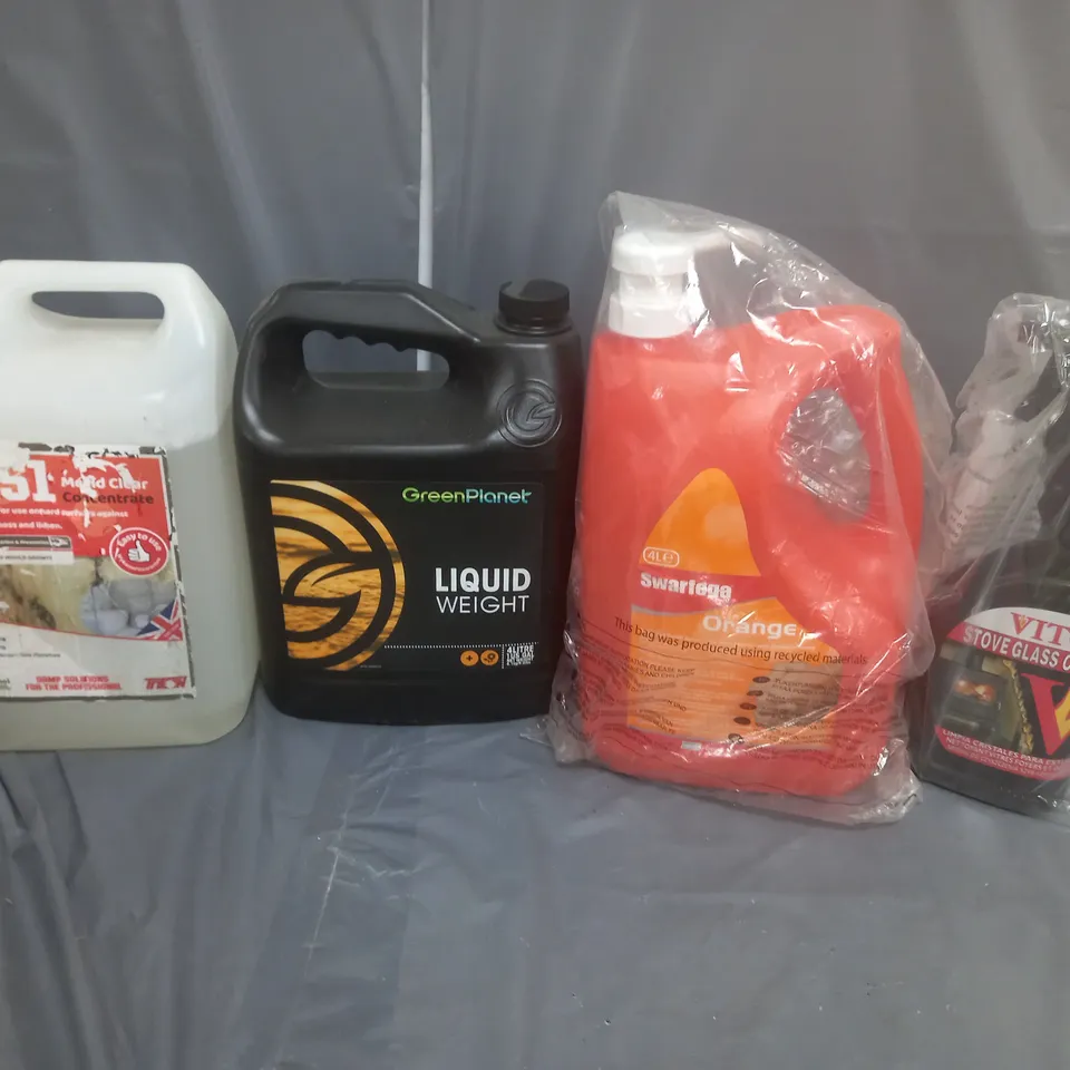 TOTE OF 4 ASSORTED HOUSEHOLD GOODS TO INCLUDE MCS1, LIQUID WEIGHT, SWARFEGA ORANGE, AND STOVE GLASS CLEANER 