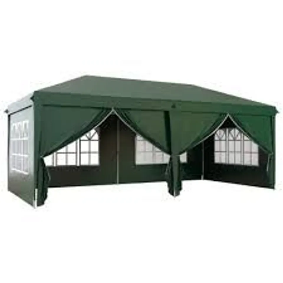 BOXED OUTSUNNY 3 X 6M POP-UP GAZEBO, WITH CURTAIN WALLS AND WINDOWS - DARK GREEN