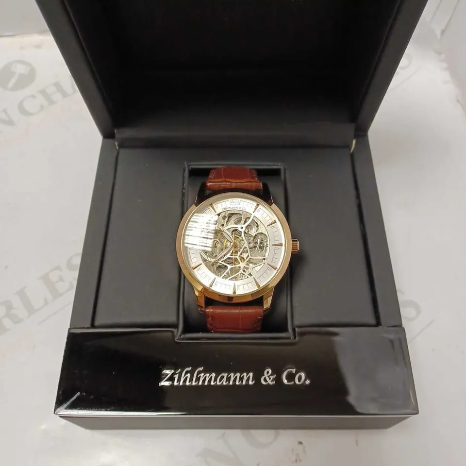 ZIHLMANN & CO GOLD EFFECT SKELETON BROWN LEATHER STRAP WRISTWATCH