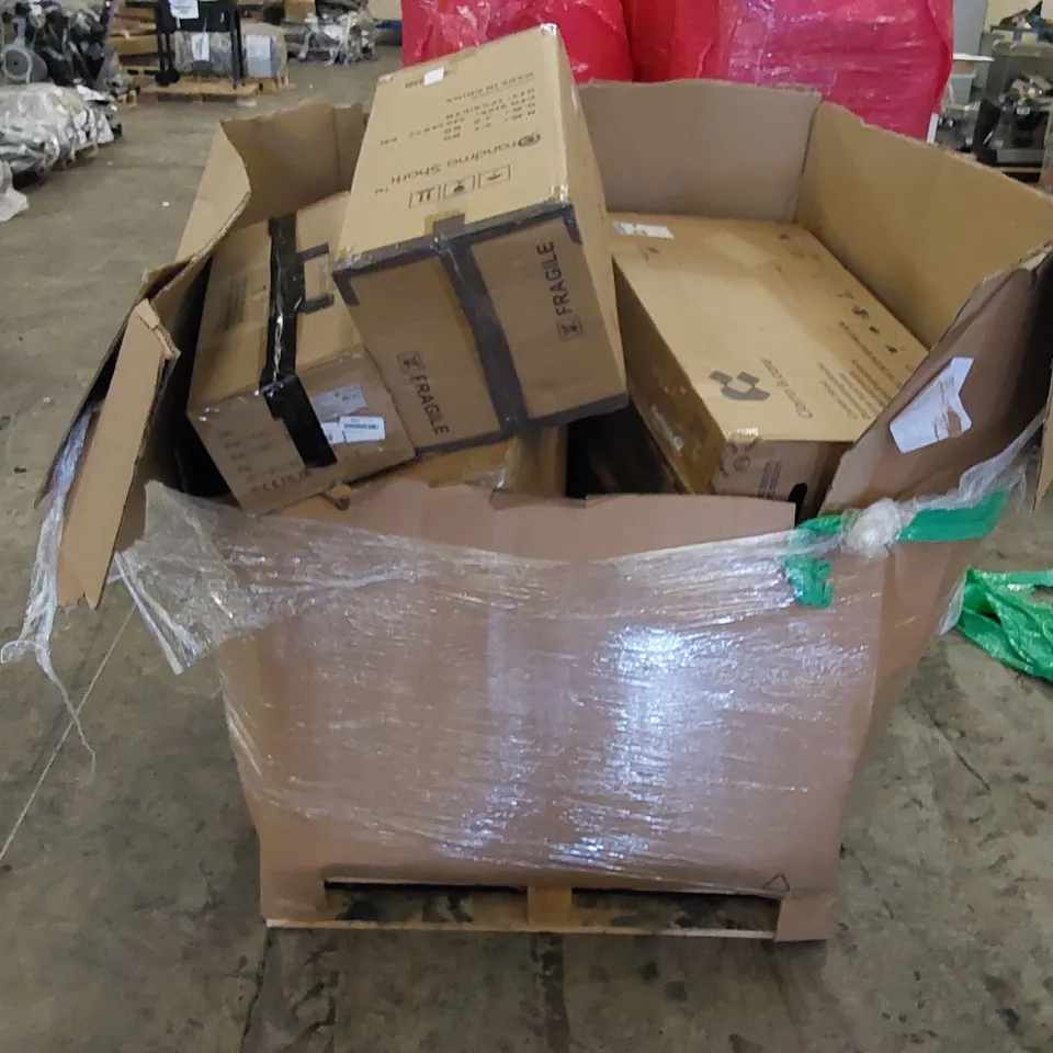 PALLET OF ASSORTED HOUSEHOLD ITEMS AND CONSUMER PRODUCTS. INCLUDES PET STROLLERS, COOKERHOOD, BLADELESS PURIFIER AND HEATER FANS ETC