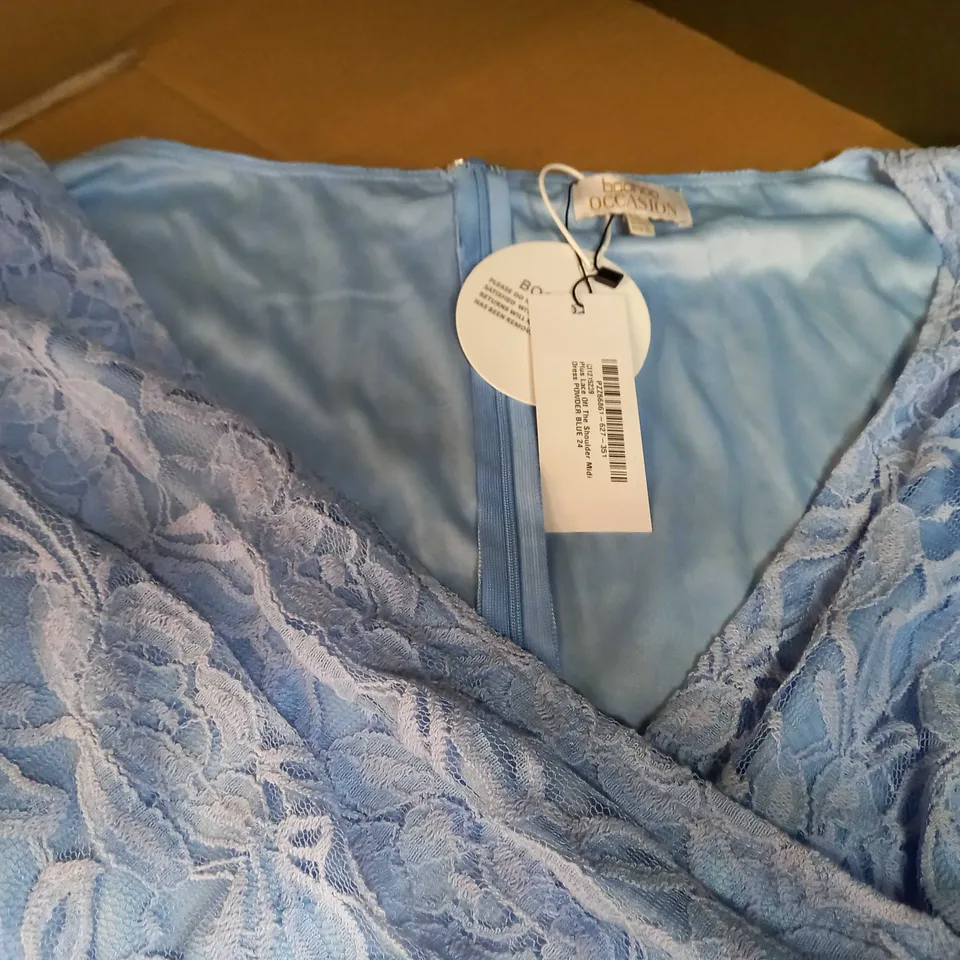 BOOHOO OCCASION LACE OFF THE SHOULDER MIDI POWDER BLUE DRESS - SIZE 24