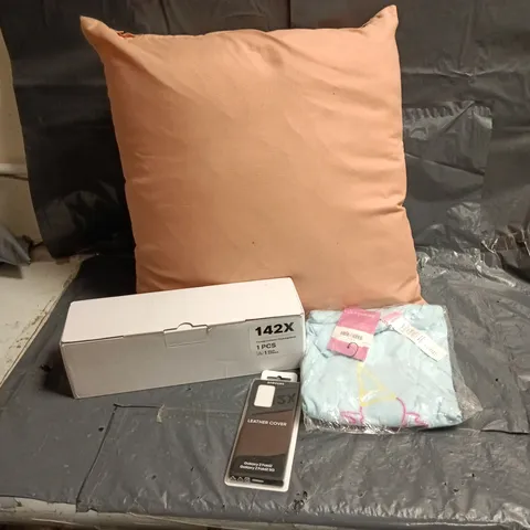 CAGE OF APPROXIMATELY 15 ASSORTED ITEMS TO INCLUDE PILLOWS, CLOTHING, TONER CARTRIDGES ETC