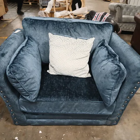DESIGNER BLUE FABRIC ARM CHAIR WITH STUDDED DETAIL