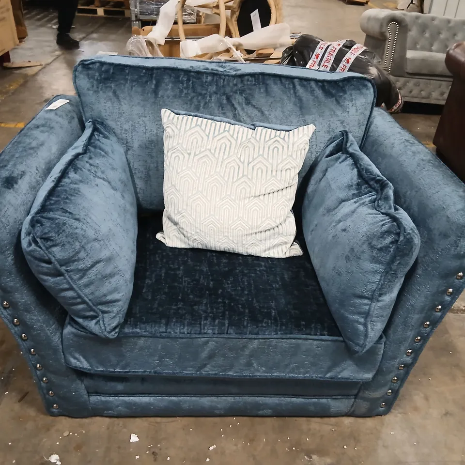 DESIGNER BLUE FABRIC ARM CHAIR WITH STUDDED DETAIL