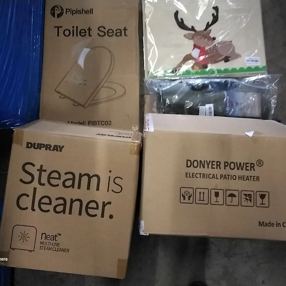 PALLET OF ASSORTED ITEMS INCLUDING DUPRAY MULTI-USE STEAM CLEANER, DONYER POWER ELECTRICAL PATIO HEATER, PIPISHELL TOILET SEAT, CHRISTMAS FOLDOUT TOY BOX, EARTH.PAK, AUTUMNAL WREATH 