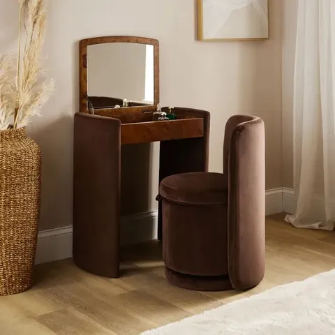 BOXED FRANKIE COMPACT DRESSING TABLE SET WITH MIRROR AND STOOL - CHOCOLATE VELVET (1 BOX)