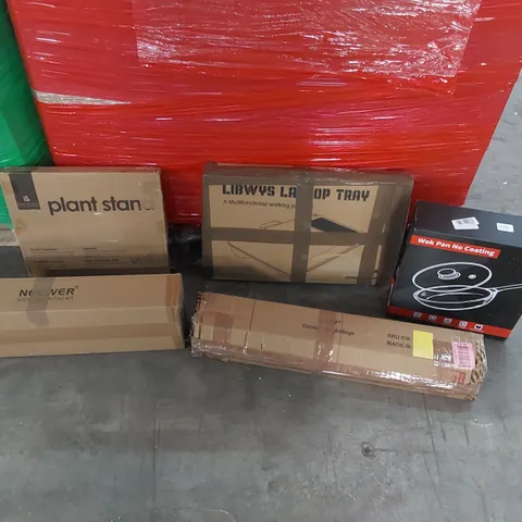 PALLET OF ASSORTED CONSUMER PRODUCTS TO INCLUDE: CANOPY WEIGHT BAGS, SOFTBOX LIGHTING KIT, WOK FRYING PAN, PLANT STAND, LAPTOP TRAY ECT