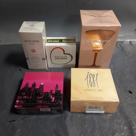 BOX OF APPROXIMATELY 5 ASSORTED SEALED FRAGRANCES TO INCLUDE - STEVE MADDEN GOLDIE - PEPE JEANS ADDICTIVE - JEAN MISS AQUA ALLEGORY - ETC