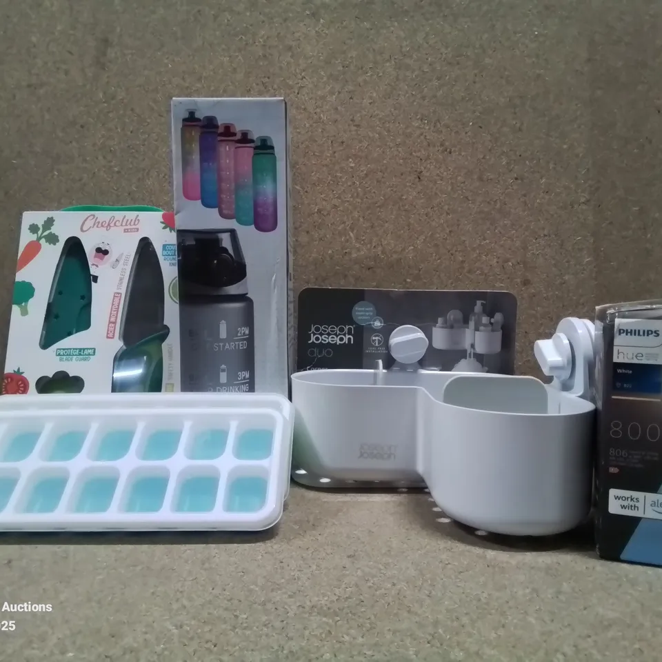 BOX TO CONTAIN ASSORTED HOUSEHOLD GOODS AND PRODUCTS TO INCLUDE; JOSEPH JOSEPH CORNER SHOWER CADDY, CHEF CLUB KIDS SET, PHILIPS HUE WHITE BULB