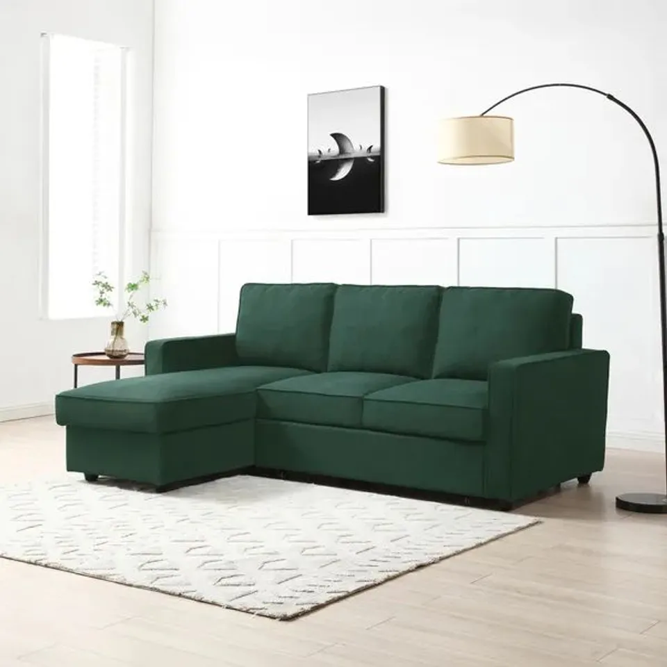 BOXED KAYDEN WOVEN REVERSIBLE TRUNDLE CORNER DOUBLE SOFA BED - BOTTLE GREEN (2 BOXES)