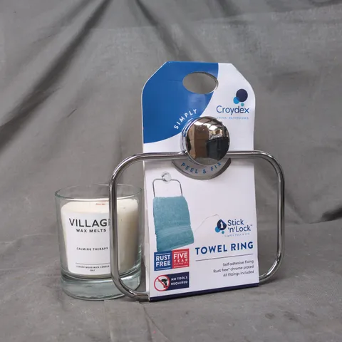 APPROXIMATELY 10 ASSORTED HOUSEHOLD ITEMS TO INCLUDE SCENTED CANDLE, TOWEL RING, ETC