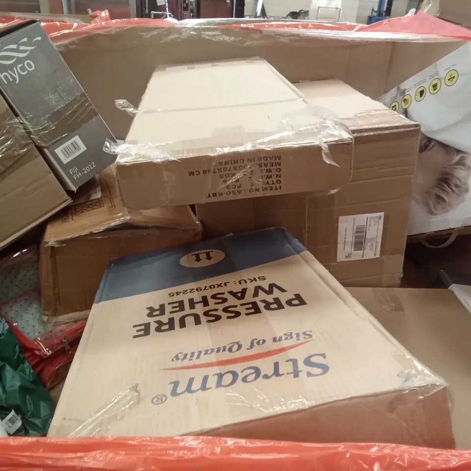 PALLET OF ASSORTED ITEMS INCLUDING HOMIDEC DRYING RACK, LLIVEKIT AIR OVEN, HEATED BLANKET, SIMPDIY SHOE BOX, PRESSURE WASHER, PORTABLE WARDROBE 