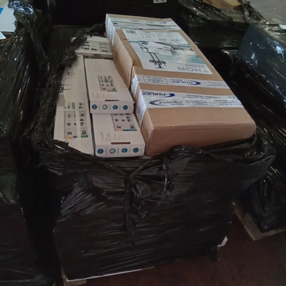 PALLET OF THOR TV MOUNTS INCLUDING FIXED TV MOUNTS, TILT TV MOUNTS, FULL MOTION TV MOUNTS, CURVED TV MOUNTS, MULTI-FUNCTION AV TROLLEY MOUNT
