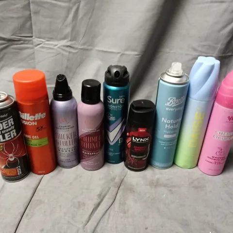 APPROXIMATELY 15 ASSORTED AEROSOLS TO INCLUDE DAISE COCONUT WHIP, GILLETTE FUSION SHAVE GEL, LYNX CHERRY SPRITZ, ETC - COLLECTION ONLY