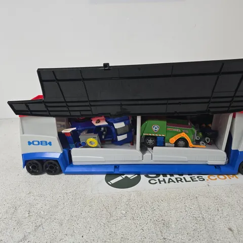 PAW PATROL CHILDREN'S PLASTIC TOY TRANSPORTER TRUCK WITH DETACHABLE TRAILER AND MINI VEHICLES